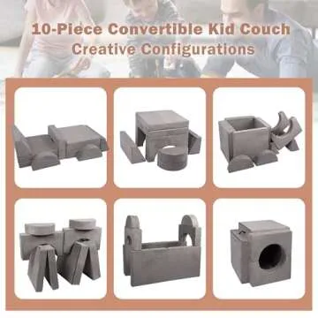 Betterhood Modular Kids Play Couch, 10PCS Child Sectional Sofa Imaginative Furniture Play Set for Creative Kids, Toddler to Teen Bedroom Furniture, Girls and Boys Playroom Convertible Sofa, Grey