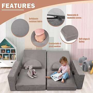 Betterhood Modular Kids Play Couch, 10PCS Child Sectional Sofa Imaginative Furniture Play Set for Creative Kids, Toddler to Teen Bedroom Furniture, Girls and Boys Playroom Convertible Sofa, Grey