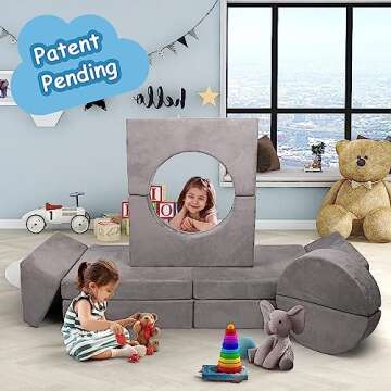 Betterhood Modular Kids Play Couch, 10PCS Child Sectional Sofa Imaginative Furniture Play Set for Creative Kids, Toddler to Teen Bedroom Furniture, Girls and Boys Playroom Convertible Sofa, Grey