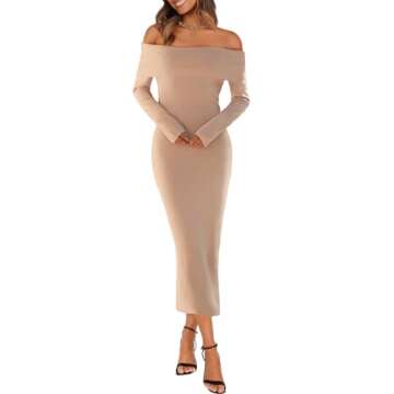MEROKEETY Women's Winter Off Shoulder Bodycon Sweater Dress Formal Long Sleeve Elegant Cocktail Party Midi Maxi Dresses, Khaki, Medium