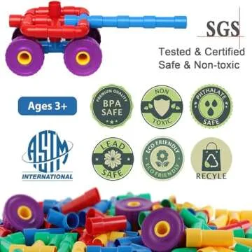 ZOZOPLAY STEM Learning Toy Tubular Pipes & Spouts & Joints 64 Piece Build Bicycle, Tank, Scootie, Moter Skills Endless Designs Educational Building Blocks Set for Kid Ages 3+ Multicolor