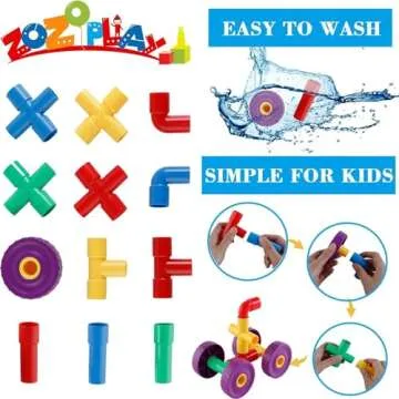 ZOZOPLAY STEM Learning Toy Tubular Pipes & Spouts & Joints 64 Piece Build Bicycle, Tank, Scootie, Moter Skills Endless Designs Educational Building Blocks Set for Kid Ages 3+ Multicolor