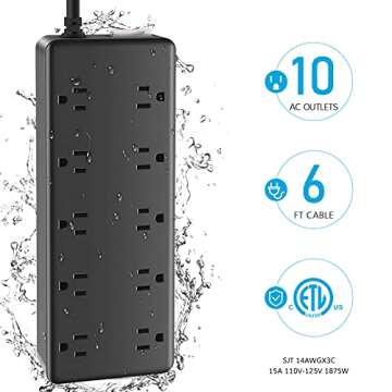 CCCEI 10 Outlets Outdoor Power Strip Weatherproof, 1700J Surge Protector Waterproof Multiple Outlet Exterior Power Strip, Mountable 6 FT 15Amp Outside Extension Outlet with Flat Plug. (6FT, Black)