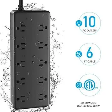 CCCEI 10 Outlets Outdoor Power Strip Weatherproof, 1700J Surge Protector Waterproof Multiple Outlet Exterior Power Strip, Mountable 6 FT 15Amp Outside Extension Outlet with Flat Plug. (6FT, Black)