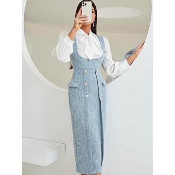 WDIRARA Tweed Sleeveless Scoop Neck Midi Dress - Light Blue