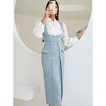 WDIRARA Tweed Sleeveless Scoop Neck Midi Dress - Light Blue