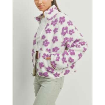 chouyatou Women's Fall Winter Casual Cute Floral Fleece Jacket Fuzzy Zip Up Sherpa Jacket Faux Fur Coat (Small, Purple)