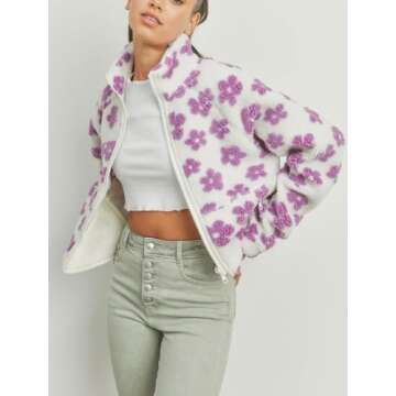 chouyatou Women's Fall Winter Casual Cute Floral Fleece Jacket Fuzzy Zip Up Sherpa Jacket Faux Fur Coat (Small, Purple)