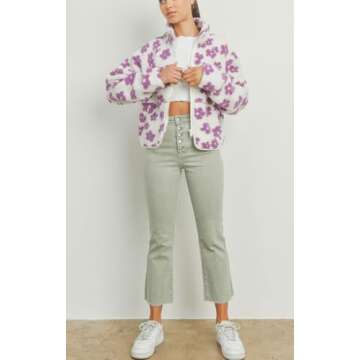 chouyatou Women's Fall Winter Casual Cute Floral Fleece Jacket Fuzzy Zip Up Sherpa Jacket Faux Fur Coat (Small, Purple)