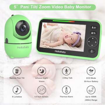 HelloBaby Upgrade Baby Monitor, 5'' Screen with 30-Hour Battery, Pan-Tilt-Zoom Video Baby Monitor wi...