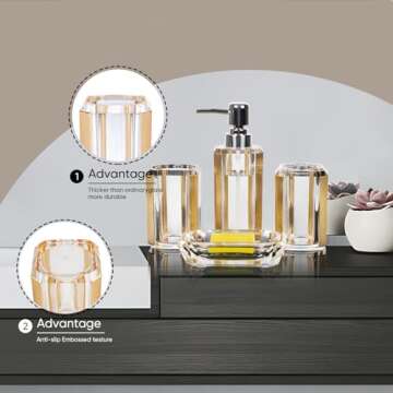 4-Piece Premium Acrylic Bathroom Accessory Set-Hand Sanitizer Bottle Lotion Can Bathroom Suit Separate Bottle Soap Box Mouthwash Cup Toothbrush Cup (Brushed Gold)