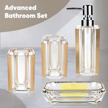 4-Piece Premium Acrylic Bathroom Accessory Set-Hand Sanitizer Bottle Lotion Can Bathroom Suit Separate Bottle Soap Box Mouthwash Cup Toothbrush Cup (Brushed Gold)