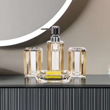 4-Piece Premium Acrylic Bathroom Accessory Set-Hand Sanitizer Bottle Lotion Can Bathroom Suit Separate Bottle Soap Box Mouthwash Cup Toothbrush Cup (Brushed Gold)