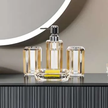 4-Piece Premium Acrylic Bathroom Accessory Set-Hand Sanitizer Bottle Lotion Can Bathroom Suit Separate Bottle Soap Box Mouthwash Cup Toothbrush Cup (Brushed Gold)