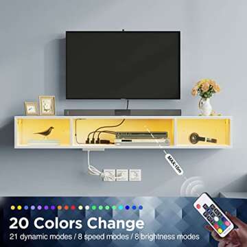 Rolanstar TV Stand with Power Outlet, Floating TV Stand with RGB Lights, 55.1" Wall Mounted TV Shelf, White Media Console with Storage Shelf, Entertainment Shelf Under TV for Living Room, Bedroom