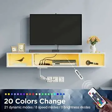 Rolanstar TV Stand with Power Outlet, Floating TV Stand with RGB Lights, 55.1" Wall Mounted TV Shelf, White Media Console with Storage Shelf, Entertainment Shelf Under TV for Living Room, Bedroom