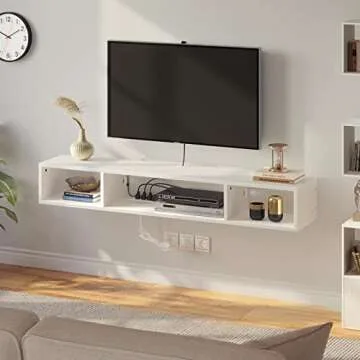 Rolanstar TV Stand with Power Outlet, Floating TV Stand with RGB Lights, 55.1" Wall Mounted TV Shelf, White Media Console with Storage Shelf, Entertainment Shelf Under TV for Living Room, Bedroom
