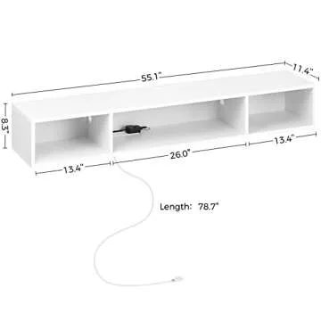 Rolanstar TV Stand with Power Outlet, Floating TV Stand with RGB Lights, 55.1" Wall Mounted TV Shelf, White Media Console with Storage Shelf, Entertainment Shelf Under TV for Living Room, Bedroom