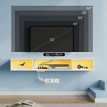 Rolanstar TV Stand with Power Outlet, Floating TV Stand with RGB Lights, 55.1" Wall Mounted TV Shelf, White Media Console with Storage Shelf, Entertainment Shelf Under TV for Living Room, Bedroom