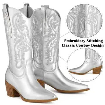 Ouepiano Silver Cowboy Boots for Women - Wide Calf Cowgirl Boots Mid-Calf Western Boots with Classic Embroidered, Pointed Toe Slip On Chunky Heel for Country Concerts and Parties