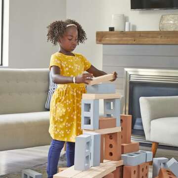 Excellerations 8 x 4 x 2-1/2 inches Indoor/Outdoor Realistic Jumbo Foam Masonry Bricks and Foam Wood Planks, Set of 44, Preschool Educational Toy, Supports STEM, Ages 2 Years and Up