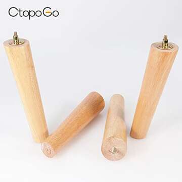 CtopoGo Wooden Solid Wood Round Furniture Legs - Mid-Century Style, Set of 4, 10 Inch, Easy Installa...