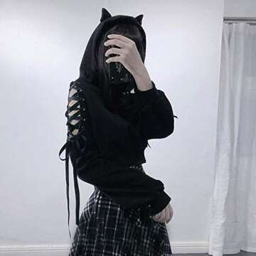 ZJRXM Women Long Sleeve Cute Ear Cat Off Shoulder Crop Top Hoodies Casual Gothic Lace Up Pullover Sweatshirt for Teens Girls Black