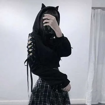 ZJRXM Women Long Sleeve Cute Ear Cat Off Shoulder Crop Top Hoodies Casual Gothic Lace Up Pullover Sweatshirt for Teens Girls Black