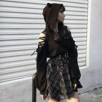 ZJRXM Women Long Sleeve Cute Ear Cat Off Shoulder Crop Top Hoodies Casual Gothic Lace Up Pullover Sweatshirt for Teens Girls Black