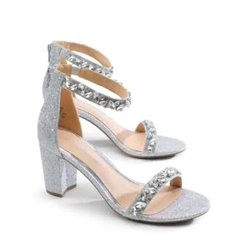 DREAM PAIRS Women's Chunk Low Heel Pump Sandals,Size 8.5,Silver-Glitter,CHUNK