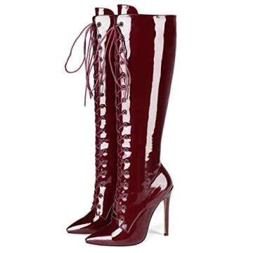 Eldof Women's Knee-High Boots Lace Up High Heeled Stiletto Sexy Boot Bordeaux US7