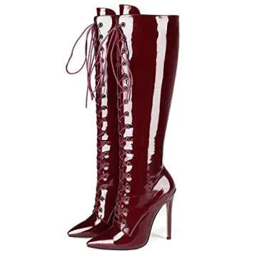 Eldof Women's Knee-High Boots Lace Up High Heeled Stiletto Sexy Boot Bordeaux US7