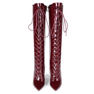 Eldof Women's Knee-High Boots Lace Up High Heeled Stiletto Sexy Boot Bordeaux US7