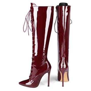 Eldof Women's Knee-High Boots Lace Up High Heeled Stiletto Sexy Boot Bordeaux US7