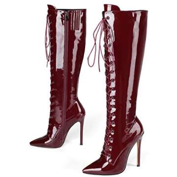 Eldof Women's Knee-High Boots Lace Up High Heeled Stiletto Sexy Boot Bordeaux US7