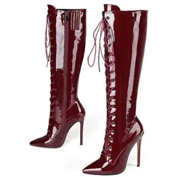 Eldof Women's Knee-High Boots Lace Up High Heeled Stiletto Sexy Boot Bordeaux US7