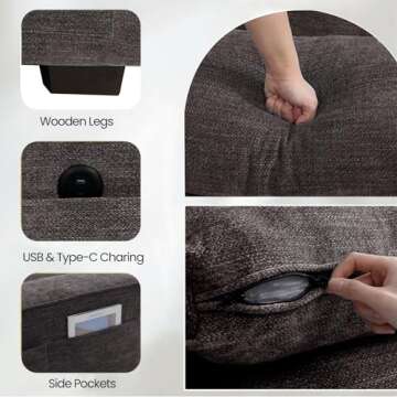 TEKAMON 100" Modular Sofa Couch with Seats Storage, Comfy 3-Seater Chenille Fabric Couch for Living Room, Office, Apart W/Deep Seat, USB Charging, Side Pockets, Couch with Removable Cover (Dark Grey)