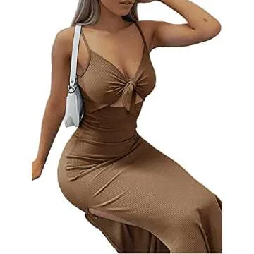 LYANER Women's Tie Knot Cut Out Side Split Hem Sleeveless Knit Bodycon Maxi Dress Brown Small