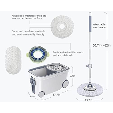 Michao Spin Mop Bucket Deluxe 360 Spinning Floor Cleaning System with 6 Microfiber Replacement Head Refills,62" Extended Handle,4X Wheel for Home Cleaning
