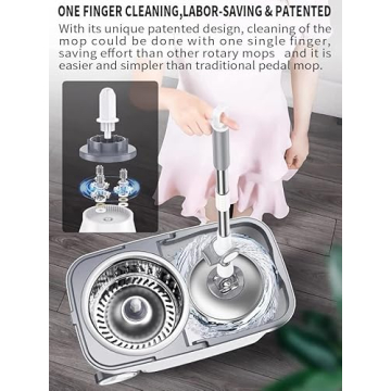 Michao Spin Mop Bucket Deluxe 360 Spinning Floor Cleaning System with 6 Microfiber Replacement Head Refills,62" Extended Handle,4X Wheel for Home Cleaning