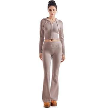 SUUKSESS Women 2 Piece Knit Sets Cropped Zip Up Hoodie Foldover Flare Leg Pants(Khaki, S)