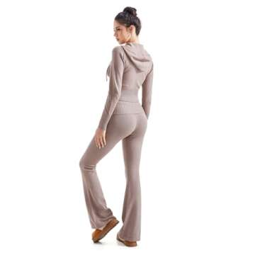 SUUKSESS Women 2 Piece Knit Sets Cropped Zip Up Hoodie Foldover Flare Leg Pants(Khaki, S)