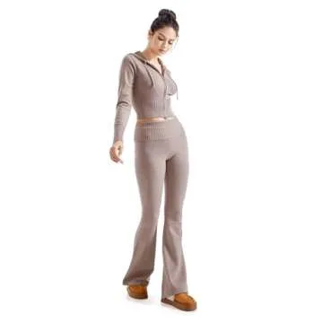 SUUKSESS Women 2 Piece Knit Sets Cropped Zip Up Hoodie Foldover Flare Leg Pants(Khaki, S)