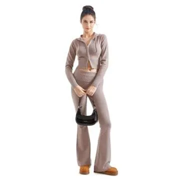 SUUKSESS Women 2 Piece Knit Sets Cropped Zip Up Hoodie Foldover Flare Leg Pants(Khaki, S)