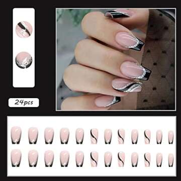 24PCS Black French Tip Press on Nails Medium Length Square Fake Nails with Silver Glitter Line Desig...