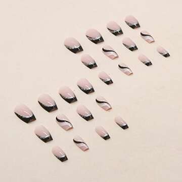 24PCS Black French Tip Press on Nails Medium Length Square Fake Nails with Silver Glitter Line Designs Glossy Coffin Nails Full Cover Nail Tips Glue on Nails Artificial Acrylic False Nails for Women