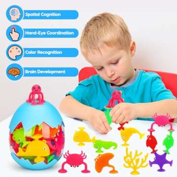 Toddler Suction Bath Toys, Ocean Animal Suction Cup Toys with Eggshell & Bag No Hole Mold Free Batht...