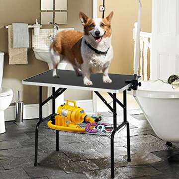 SUNCOO 36 Inch Pet Dog Grooming Table Upgraded Professional Foldable Drying Table Heavy Duty Stainless Steel Frame w/Mesh Tray Adjustable Arm and Noose, Rubber Feet Maximum Capacity Up to 250lbs
