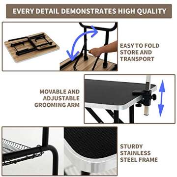 SUNCOO 36 Inch Pet Dog Grooming Table Upgraded Professional Foldable Drying Table Heavy Duty Stainless Steel Frame w/Mesh Tray Adjustable Arm and Noose, Rubber Feet Maximum Capacity Up to 250lbs