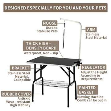 SUNCOO 36 Inch Pet Dog Grooming Table Upgraded Professional Foldable Drying Table Heavy Duty Stainless Steel Frame w/Mesh Tray Adjustable Arm and Noose, Rubber Feet Maximum Capacity Up to 250lbs